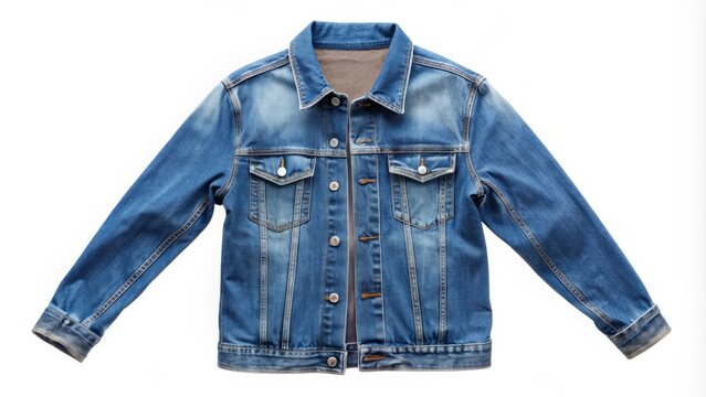 Empty blue denim jacket with blank chest area and sleeves, isolated on a white background, ideal for adding custom designs, logos, or text overlays. - Powered by Adobe
