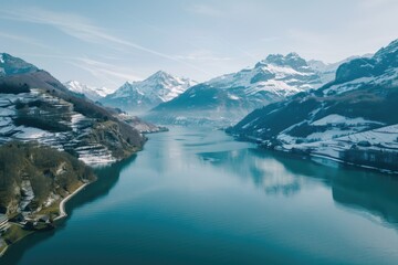 Naklejka premium A serene mountain lake surrounded by snow-covered mountains, perfect for winter scenery or outdoor adventure concepts