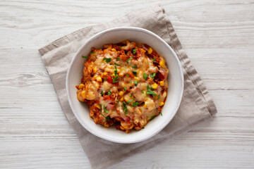 Homemade One-Pot Cheesy Taco Pasta in a Bowl, top view. Flat lay, overhead, from above.