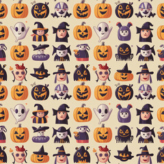 Fototapeta premium A whimsical collection of Halloween characters—pumpkins, ghosts, bats, and witches—each with unique designs, arranged in a regular pattern on a transparent background, celebrating Halloween's spirit.