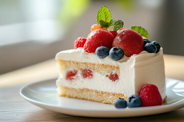 Close up of cheesecake with berries and mint. Eat an extra dessert day on 4th September