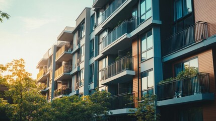 Obraz premium Modern apartment building with balconies and greenery.