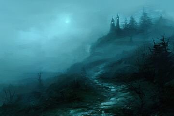 Fototapeta premium Full moon rising over spooky abandoned church on halloween night