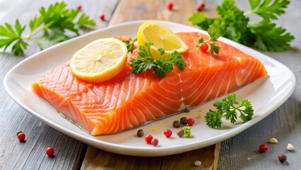Freshly cut sockeye salmon fillet on a white plate, garnished with lemon wedges and parsley, showcasing its vibrant orange-pink color and delicate flakes.
