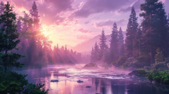 Serene forest river sunset wallpaper