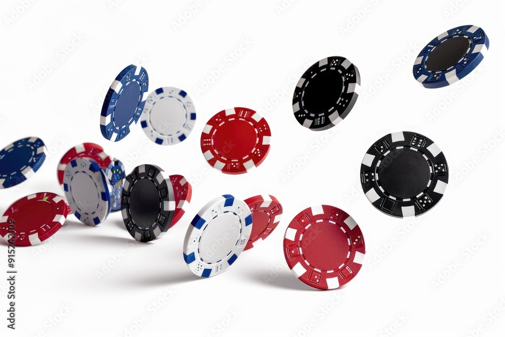 Poster a group of poker chips suspended in mid-air, perfect for illustrating concepts like chance or unpred