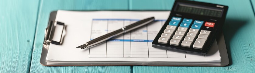 calculator, pen, checkbook, clipboard, accounting, budget, finance, business, payment, money, banking, financial planning, office supplies, desk, desk accessories, accounting tools, business tools, fi
