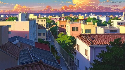 Obraz premium Anime style of a calm cityscape with pastel-colored buildings and rooftops