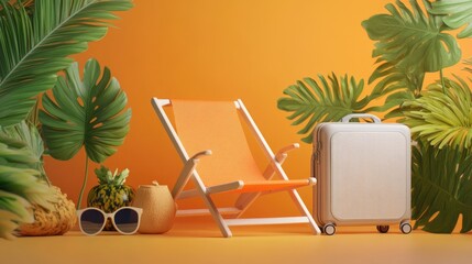 A suitcase sits next to a chair and surrounded by plants, ideal for use in travel or moving scenes