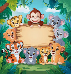 Naklejka premium Adorable cartoon jungle animals surrounding a blank signboard, Perfect for children's materials.