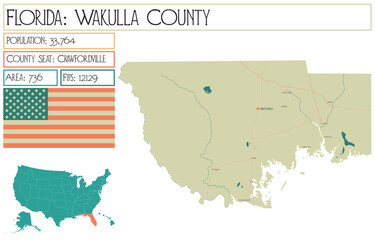 Obraz premium Large and detailed map of Wakulla County in Florida USA.