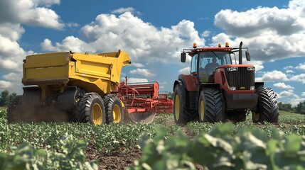 Naklejka premium Farm Tractor Pulling a Yellow Dumper Truck