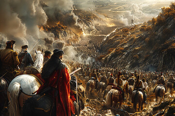 Waterloo battle of Bonaparte Napoleon Emperor of France in Europe. An army in field fights in smoke, fire with guns.