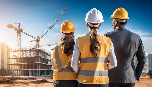 architect workers womans an de man at construction site with cran machines