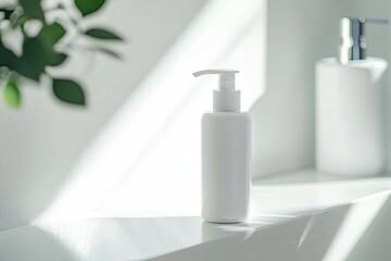 White plastic bottle of cosmetic product on white table in modern bathroom