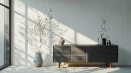 A minimalist interior with a dark wooden sideboard, decorative vases, and delicate dried branches illuminated by soft, natural sunlight through a nearby window.