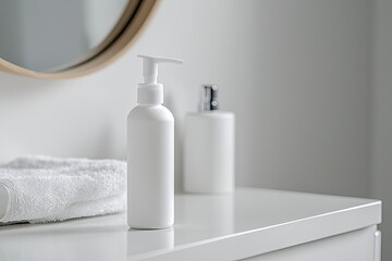 White plastic bottle of cosmetic product on white table in modern bathroom
