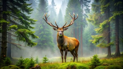 Fototapeta premium Majestic elk with massive, symmetrical antlers stands proudly in a misty, green forest, its fur glistening with dew, amidst towering trees and serene wilderness.