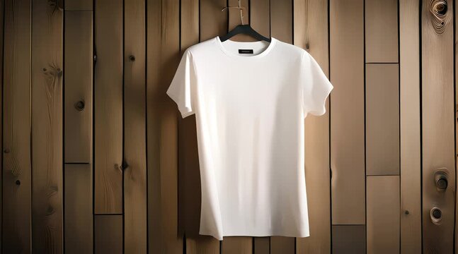 plain white t-shirt mockup template front view, hanging with wooden pattern background, 4k video, generated ai