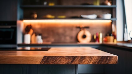 Wooden table top on blur kitchen room background. Advertising template for utensil and products. For montage product display or design key visual layout.