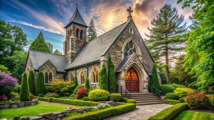 Fototapeta premium Majestic stone church with stained glass windows, steeples, and a grand entrance, surrounded by lush greenery and a serene atmosphere of reverence and devotion.