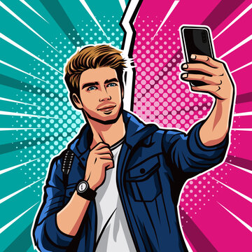 Boy taking selfie in pop art style