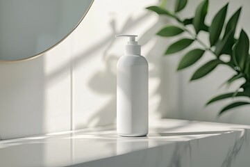 White plastic bottle of cosmetic product on white table in modern bathroom