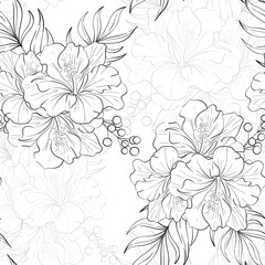 Vector seamless pattern Hibiskus bouquet with palm leaves. Bright flower, Tropical botanic illustration. Summer exotic, elegant flora. Black silhouette for circuit © Yekaterina Kashutina