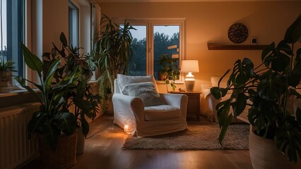 Naklejka premium Cozy living room adorned with energy-efficient LED lighting, houseplants and sustainable bamboo furniture.