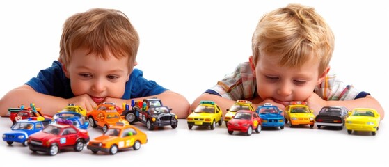 Two young boys playing with a variety of colorful toy cars. Childhood fun, imagination and creativity at play.