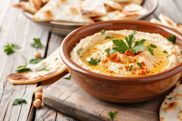 Hummus served with pita bread and fresh herbs, highlighting antioxidant benefits for a meal that's both delicious and healthy.