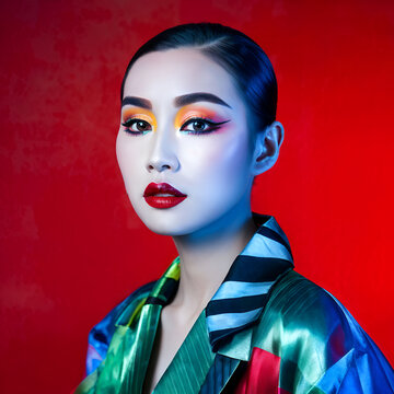 An ultra-realistic portrait of a person with striking, unique makeup and a fashion-forward outfit, set against a minimalist background