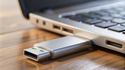 Modern USB connector plugged into a laptop, representing convenience and effortless connectivity, with a blurred background highlighting the device's sleek design and functionality.