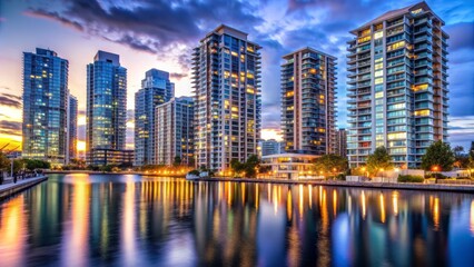 Naklejka premium Modern urban high-rise condominium buildings with sleek architectural design and vibrant city lights reflecting off the water at dusk in a bustling metropolis.