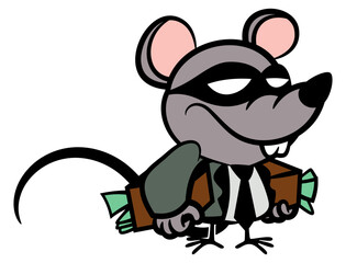 Little Rat cartoon characters wearing mask and formal outfit, carrying two suitcase with full money with its hands.Best for sticker, logo, and mascot with corruption in government themes