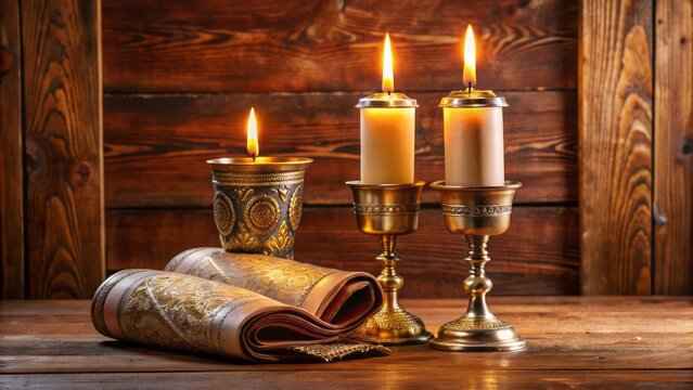 ornate Torah scroll, Kiddush cup, and Shabbat candles adorn a traditional wooden table, symbolizing faith, family, and warm hospitality.