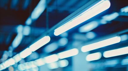 A blurred vision of glowing fluorescent lights forms an artistic blend of blue hues, evoking a sense of modern industrial ambiance.
