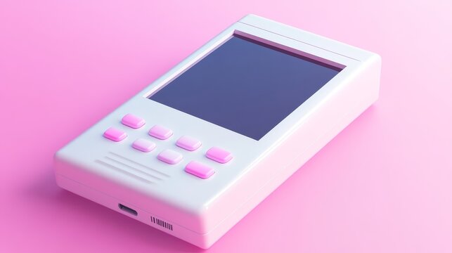 A white handheld gaming device with a black screen and pink buttons, sitting on a pink background.