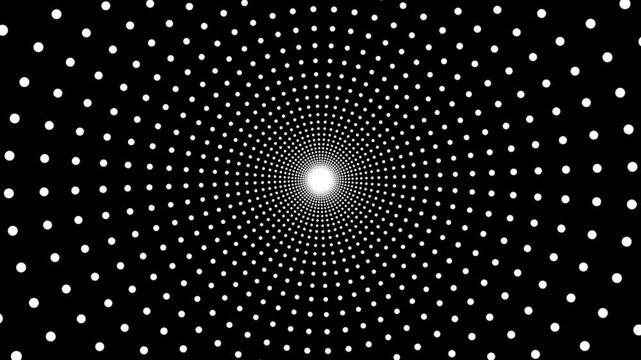 Circular tunnel polka dots black and white rotating, checker board 3d animation, optical illusion loop footage abstract background for vj, dj, template, meditation, intro and outro video
