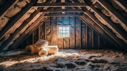 Attic with cellulose insulation and window, Well-organized attic space with thermal insulation material, neatly installed on a clean isolated white backdrop.