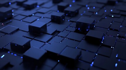 Obraz premium Abstract background with a grid of black cubes and glowing blue lines. Perfect for technology, data, or futuristic concepts.
