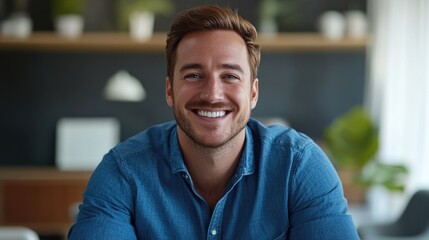 Obraz premium A smiling man sits at a table, wearing a blue shirt and likely ready for a casual meal or work session