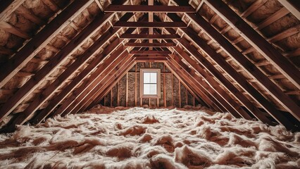 Naklejka premium Close-up view of spray foam insulation in a wooden attic structure, enhancing home thermal regulation, Newly insulated loft.