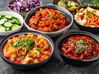 traditional korean kimchi fermented cabbage spicy side dish with pickles and cucumber salad on dark background.