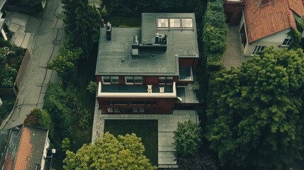Aerial view of a modern house with a flat roof and a patio, surrounded by trees.