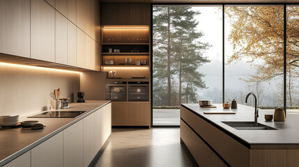 A sleek, modern kitchen design featuring minimalist cabinetry, integrated appliances, and ample natural light, perfect for contemporary homes