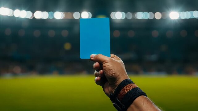 Referee hand holding blue card on soccer field with stadium lights and crowd