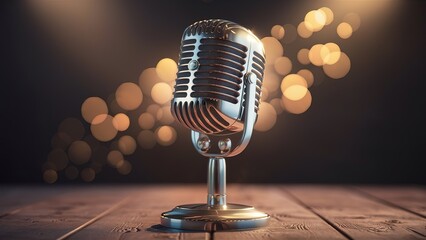 Retro Microphone On Stage With Bokeh Light song contest Eurovision blurred confetti disco ball concert music golden close up party night in background sound star singer choreography.
