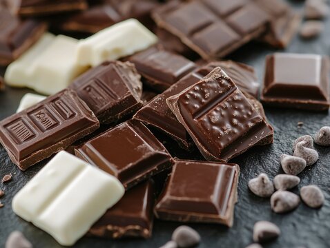 A pile of delicious chocolate bars and chocolate chips, perfect for baking or snacking