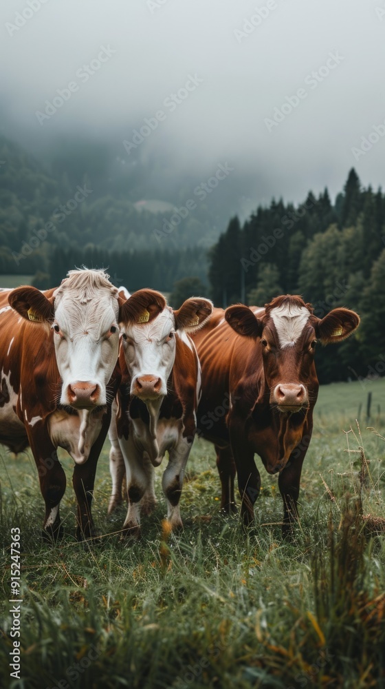 Poster Three cows standing in a field with a cloudy sky in the background